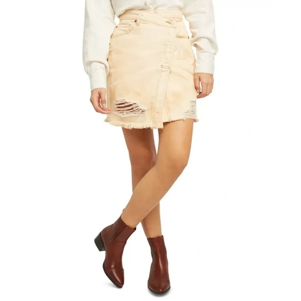 Free People Skirt Women Size 26 Beige Denim Mini Distressed High Rise Frayed $68